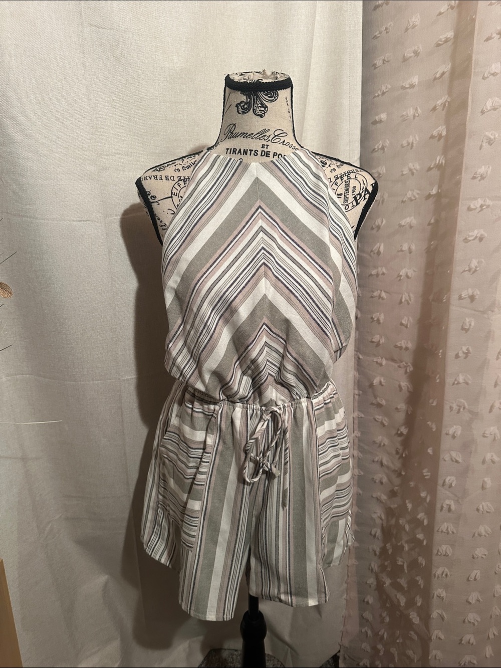 Gilli Striped Halter Romper in Taupe, White & Mauve